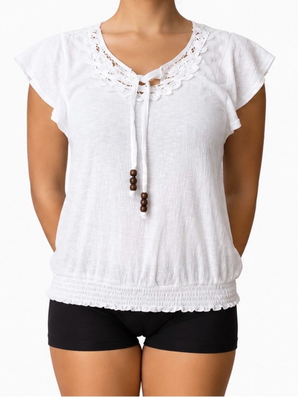New York Laundry White Crochet-Trim Tie Front Blouse